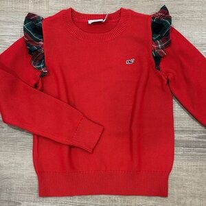 Vineyard Vines Red Holiday Sweater with Plaid  Ruffle Accents